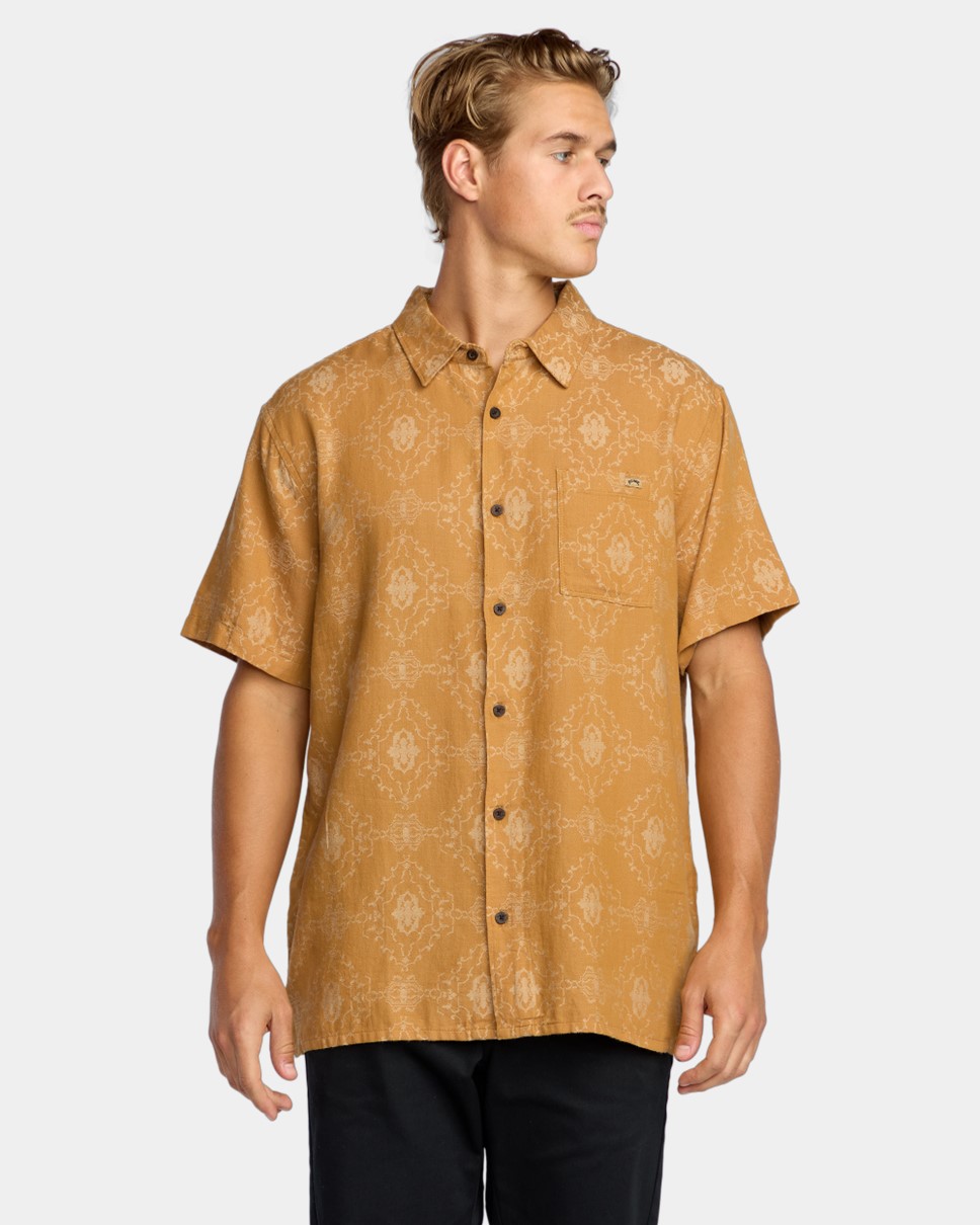 Mens Sundays Jacquard Short Sleeve Shirt-Yellow