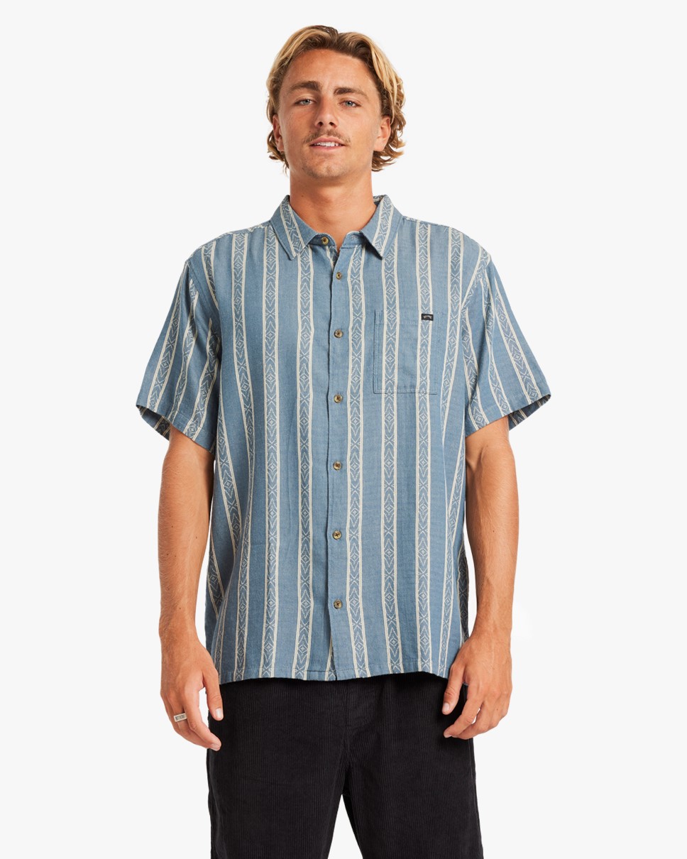 Mens Sundays Jacquard Short Sleeve Shirt-Blue