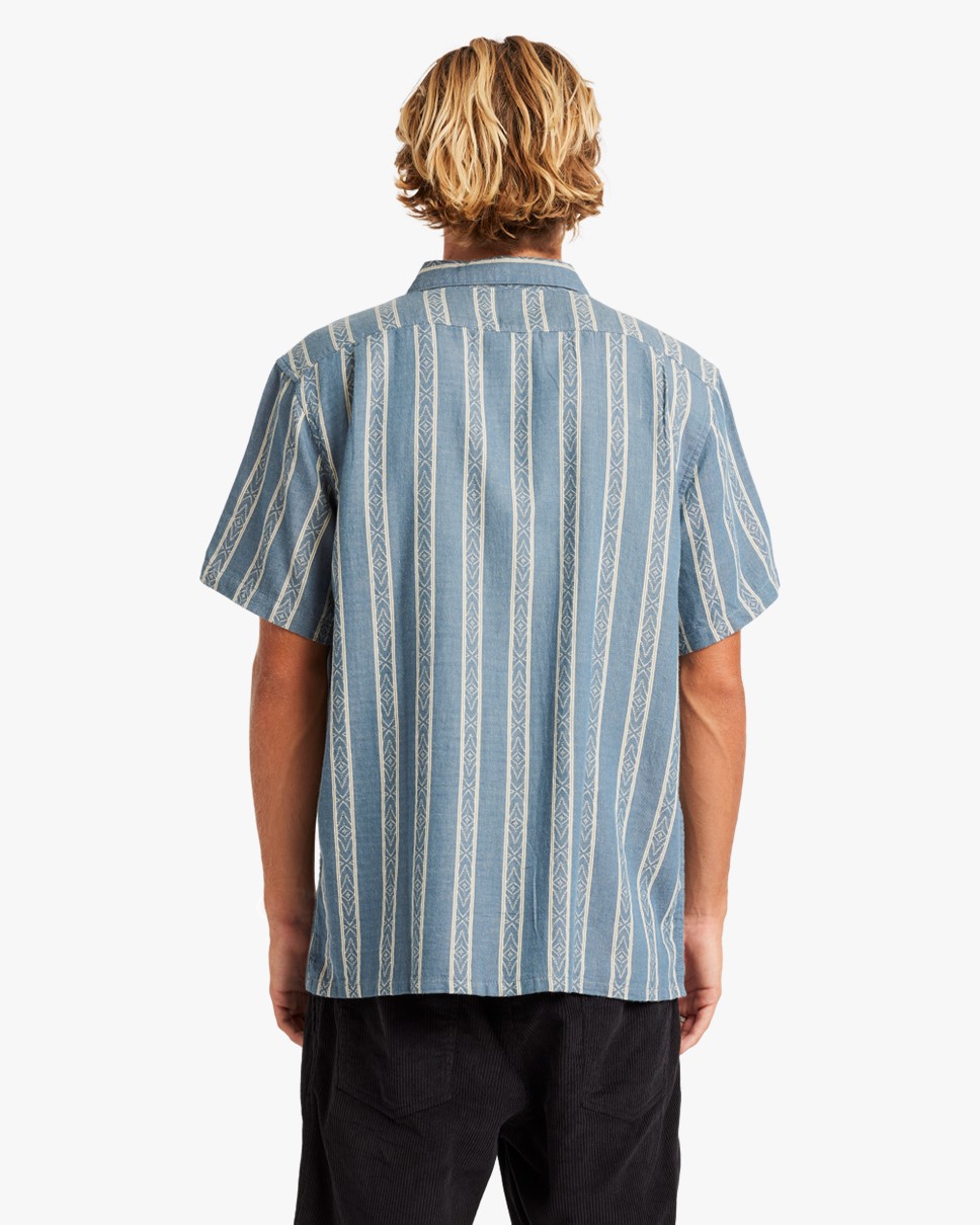 Mens Sundays Jacquard Short Sleeve Shirt-Blue