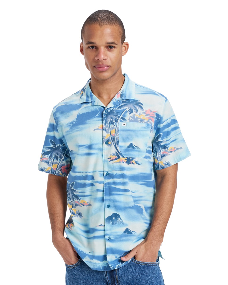 Mens Beach Club Casual  Short Sleeve Shirt-Blue