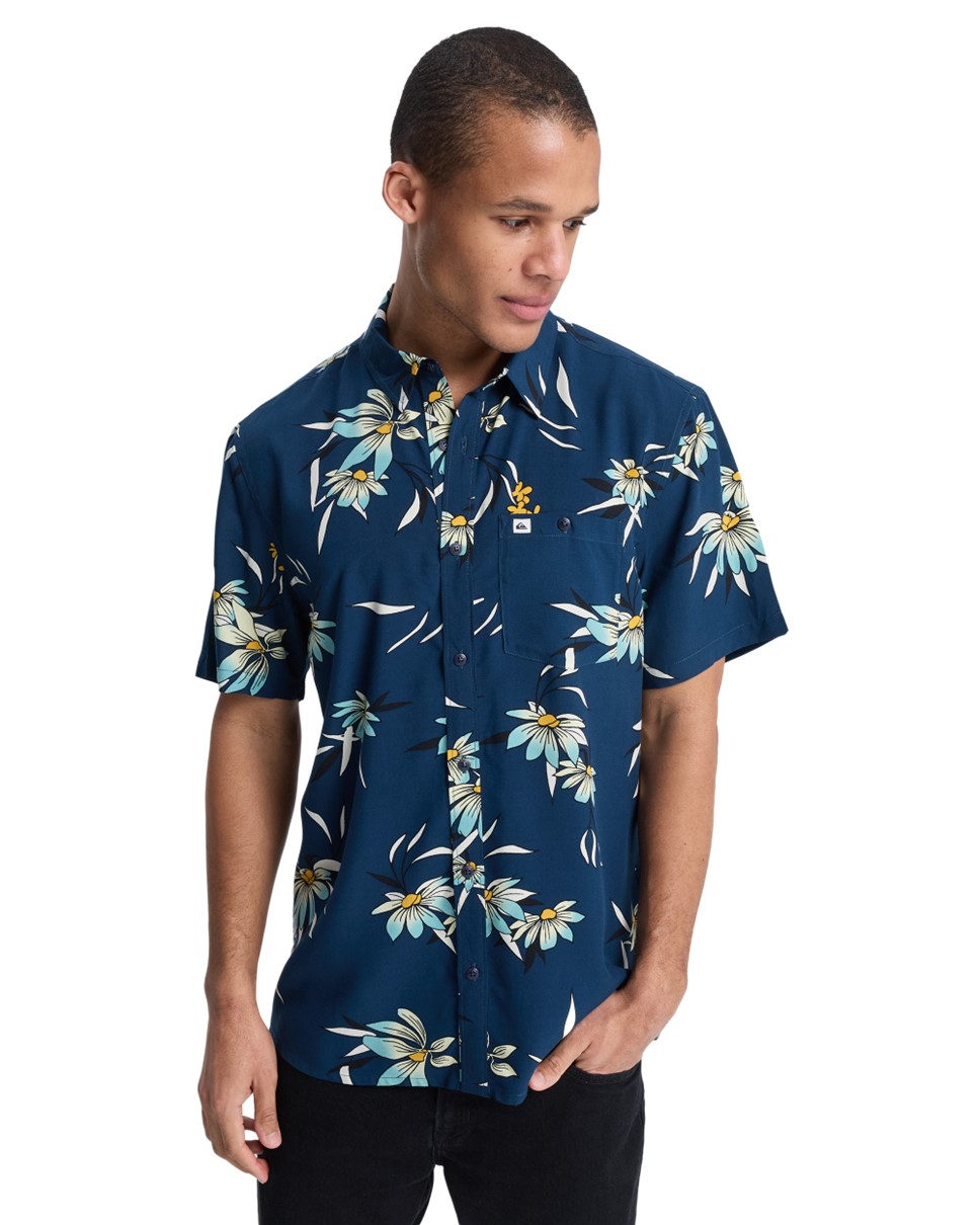 Mens Coastal Floral Short Sleeve-Blue