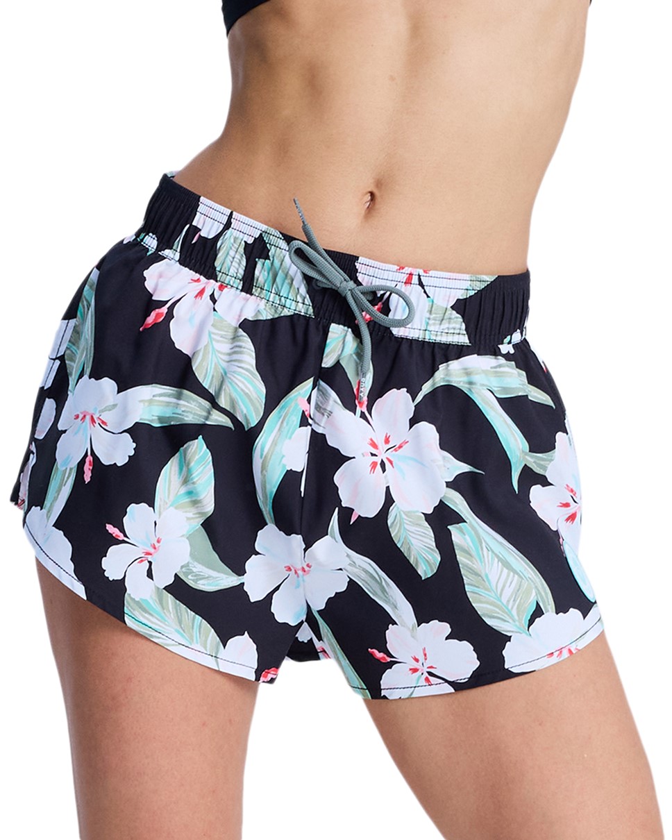 Womens On The Beach No Bad Waves Print Boardshorts-Black