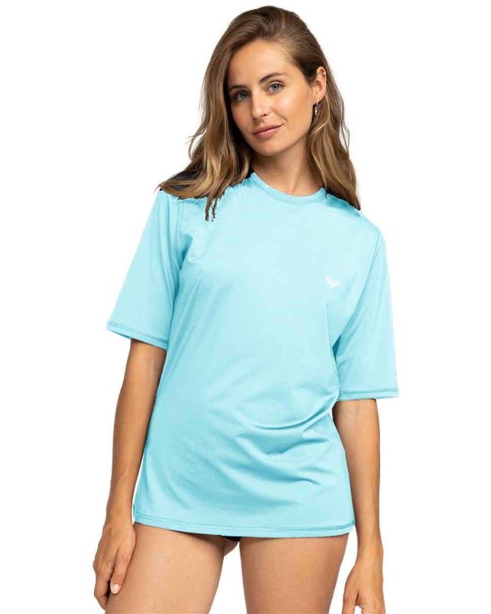 Womens Happy Waves Short Sleeve Rashguard-Blue