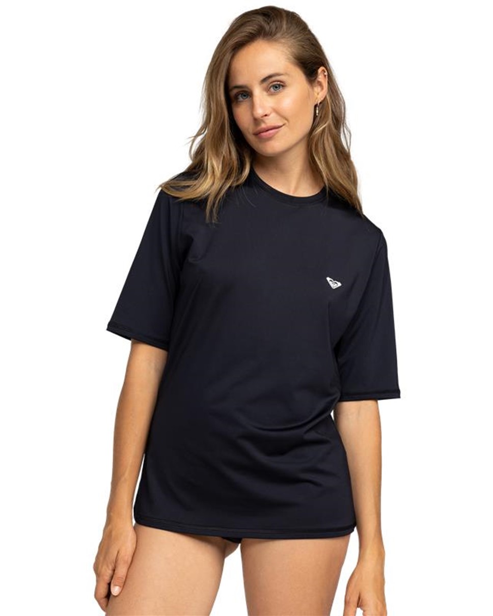 Womens Happy Waves Short Sleeve Rashguard-Black